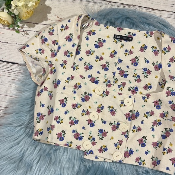 Zara Linen Blend Floral Crop Button Square Neck Top - Picture 5 of 7